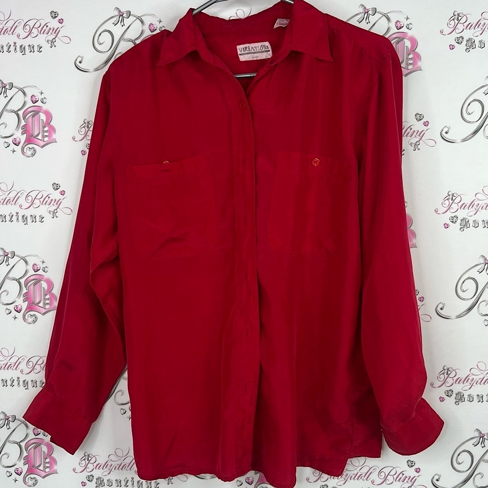 Variations silk button up top long sleeve collar vintage Red Button-Up Shirt